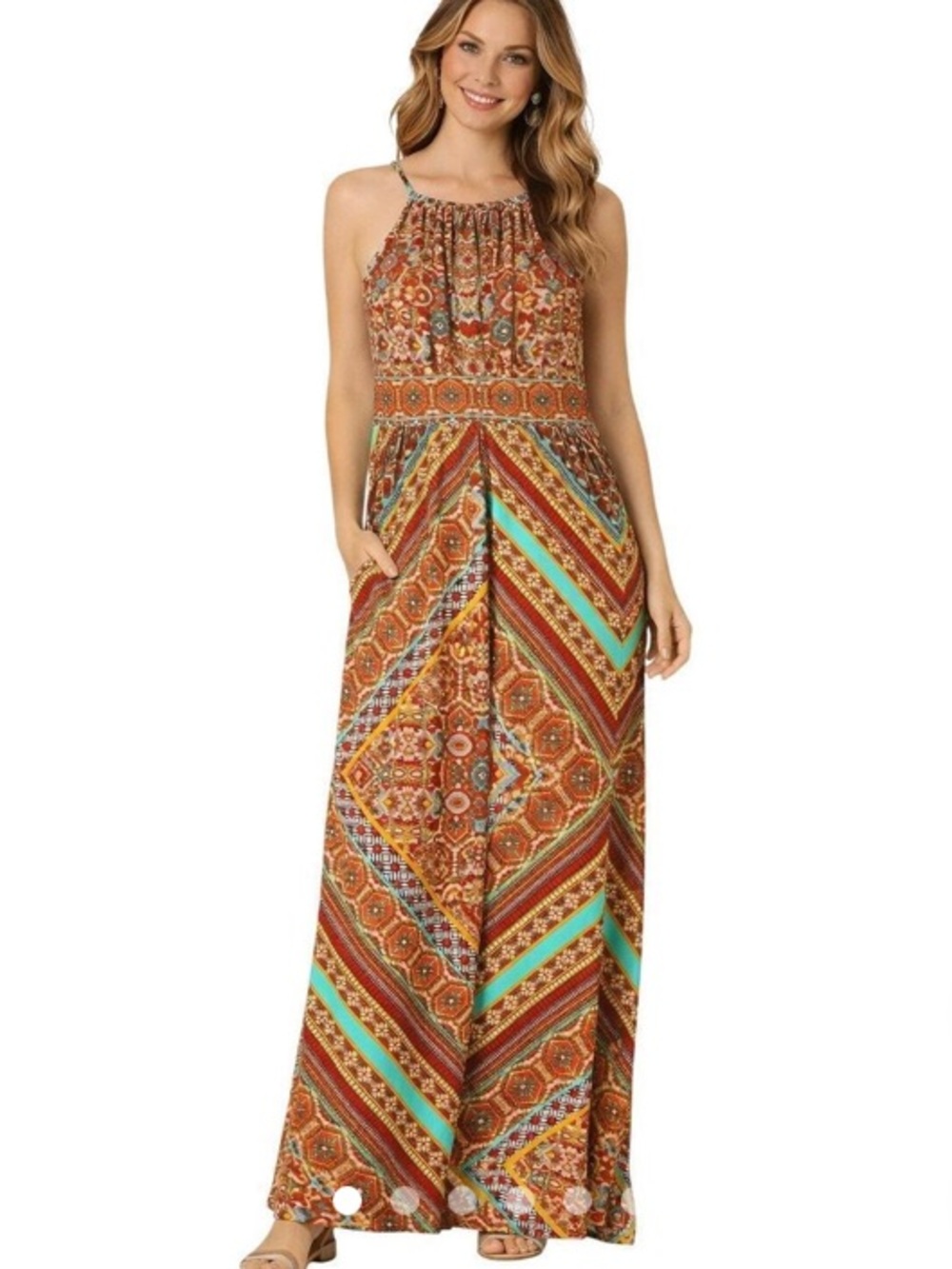 The London Style Halter Maxi Dress in Brown with Mint Accents - size 8